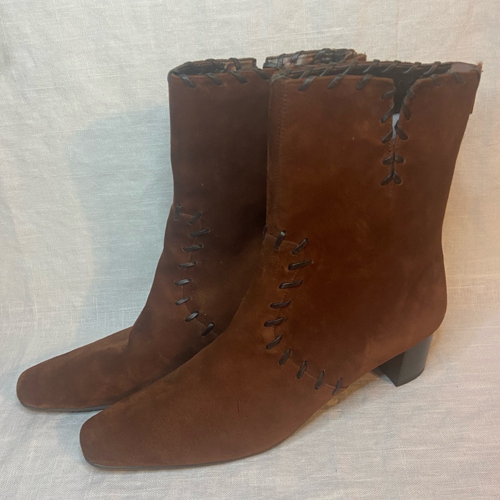 Vaneli Brown Suede Ankle Boot with Leather Cord Trim Zip Heel 11 N